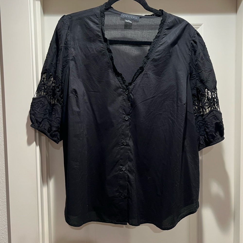 Sanctuary Black Button-Up Blouse with Lace Sleeves